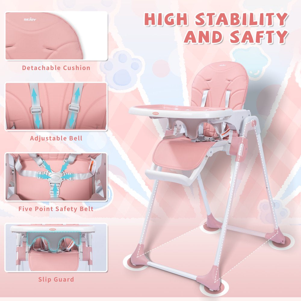 SEJOY Foldable Adjustable Baby High Chair, 3-in-1, Pink, for 6-36 Months, Portable with Safety Harness