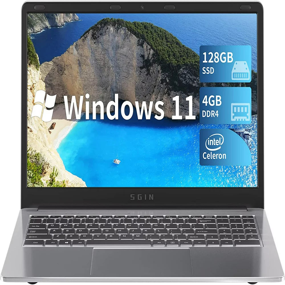 SGIN M15 15.6" Laptop, Full HD, 4GB RAM, 128GB SSD, Quad-Core Intel Celeron, Windows 11