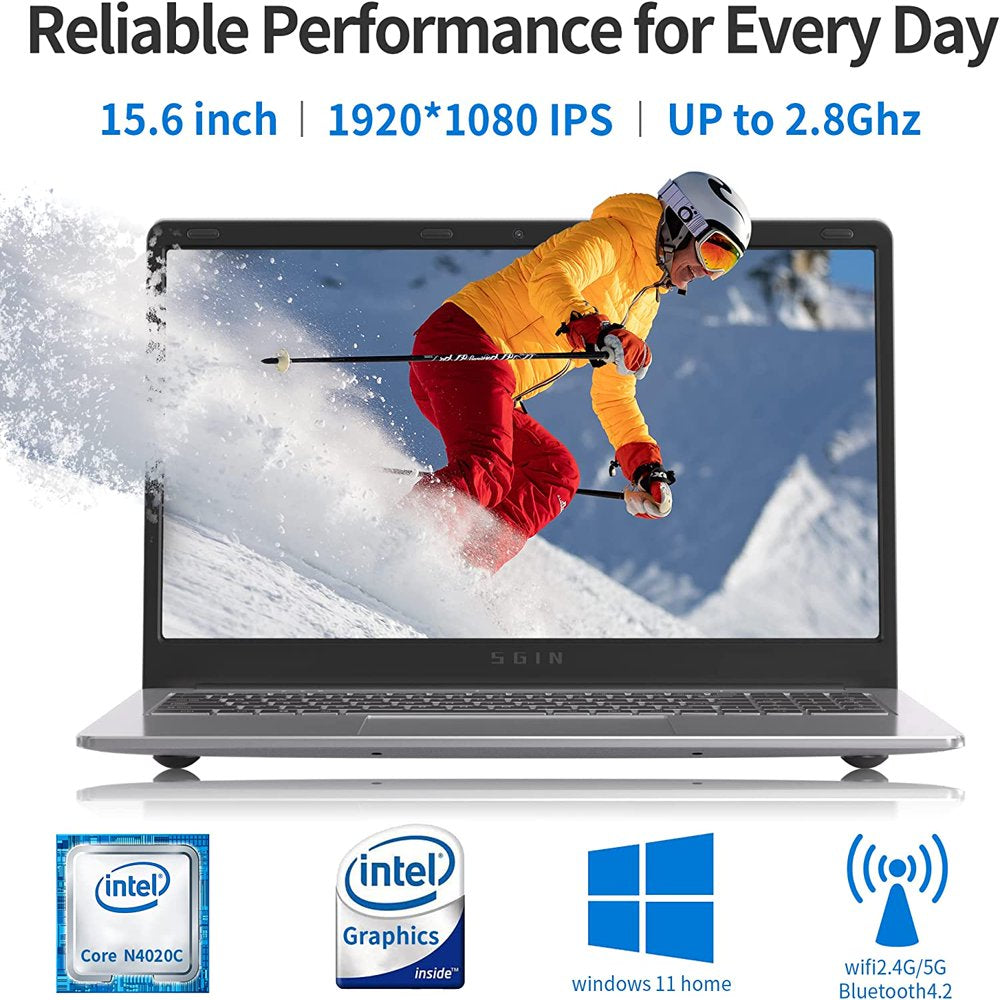 SGIN M15 15.6" Laptop, Full HD, 4GB RAM, 128GB SSD, Quad-Core Intel Celeron, Windows 11