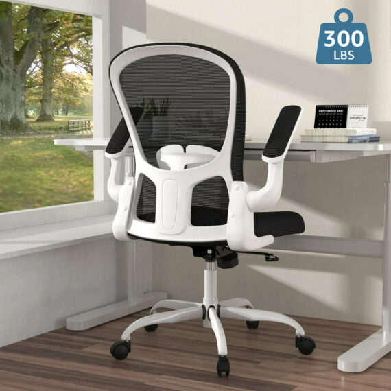 Silybon Ergonomic Office Chair, Adjustable Height with Flip-Up Arms, Breathable Mesh, 300 lbs Capacity, White