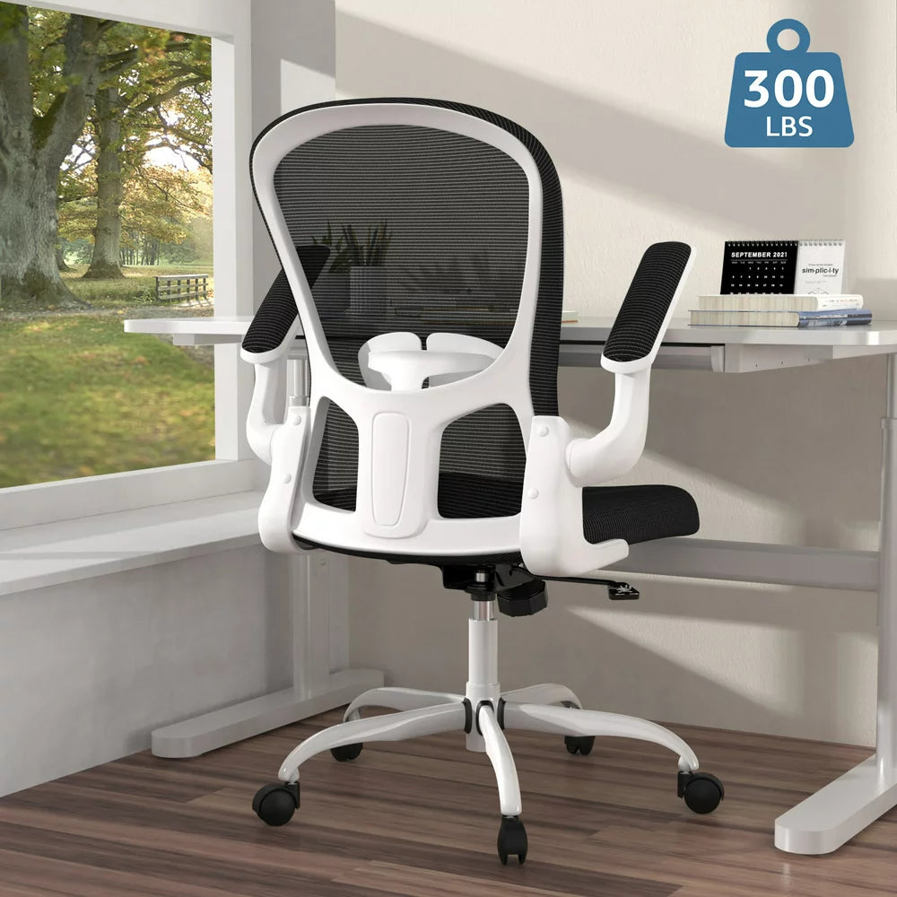 Silybon Ergonomic Office Chair, Adjustable Height with Flip-Up Arms, Breathable Mesh, 300 lbs Capacity, White