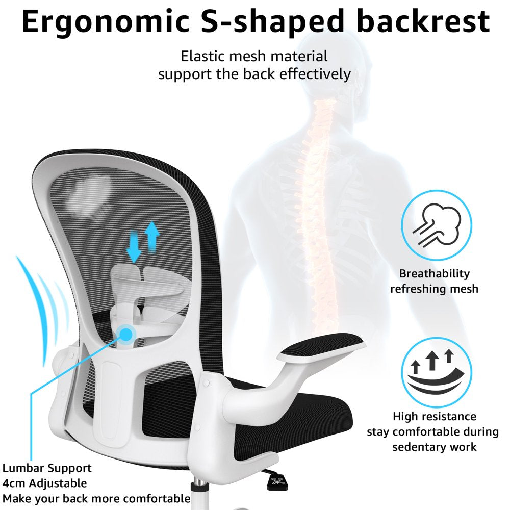 Silybon Ergonomic Office Chair, Adjustable Height with Flip-Up Arms, Breathable Mesh, 300 lbs Capacity, White
