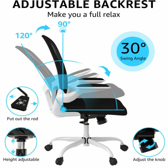 Silybon Ergonomic Office Chair, Adjustable Height with Flip-Up Arms, Breathable Mesh, 300 lbs Capacity, White