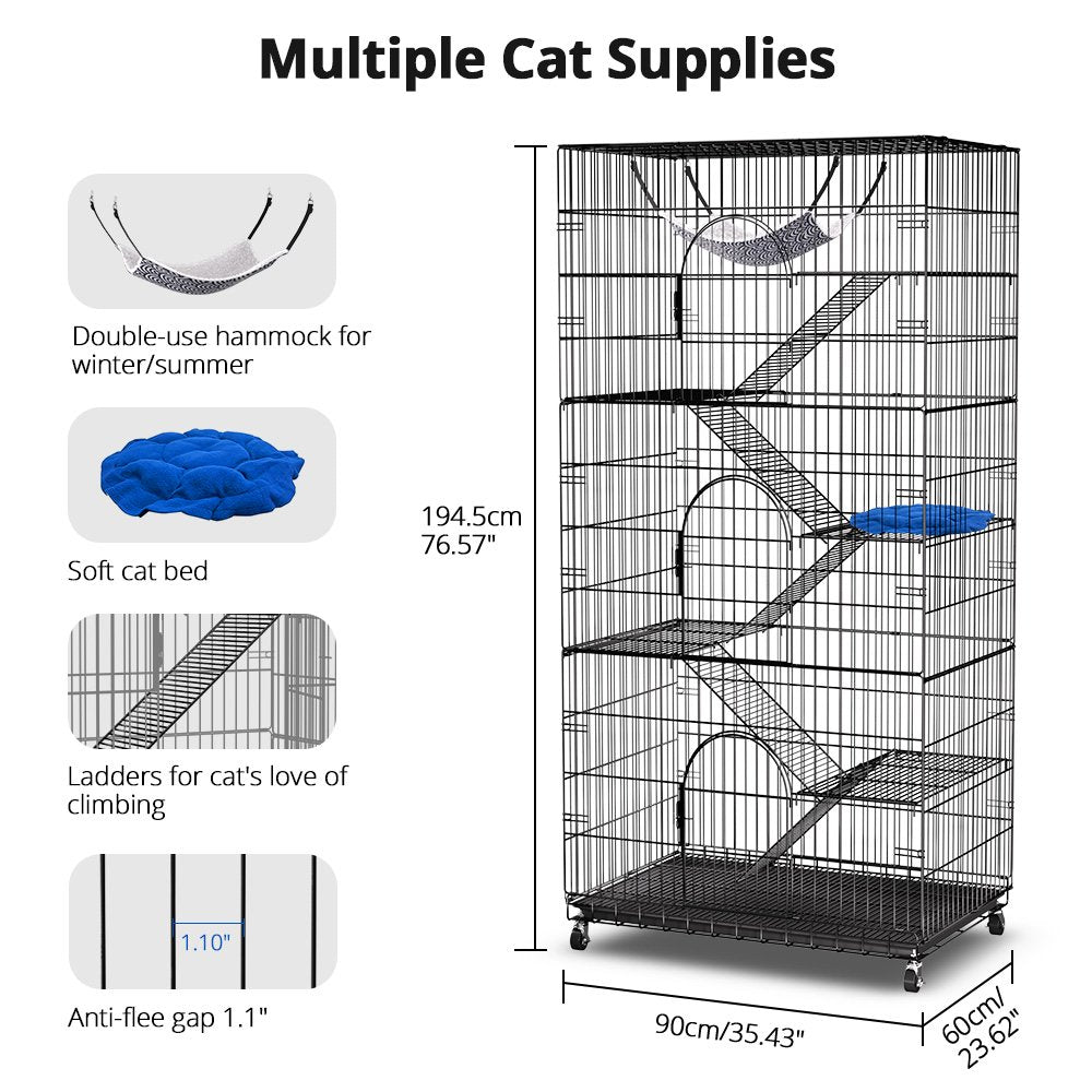 SINGES 6-Tier Large Cat Cage Kennel, Metal Wire Playpen with Bed, Black, for 1-3 Cats or Small Pets