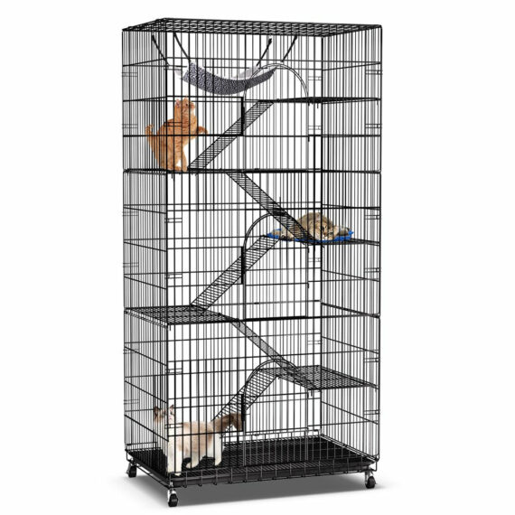 SINGES 6-Tier Large Cat Cage Kennel, Metal Wire Playpen with Bed, Black, for 1-3 Cats or Small Pets