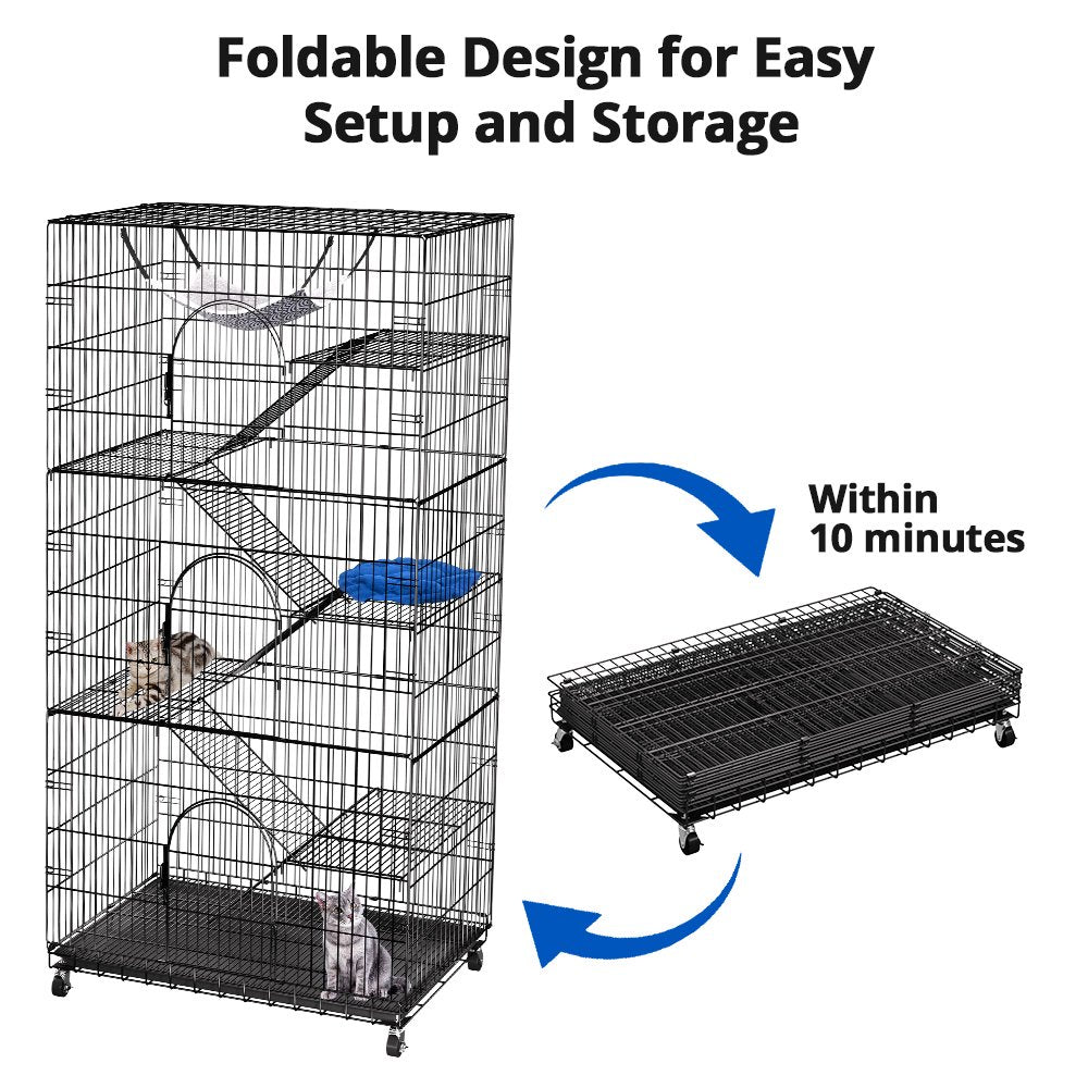SINGES 6-Tier Large Cat Cage Kennel, Metal Wire Playpen with Bed, Black, for 1-3 Cats or Small Pets