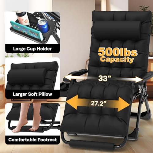 Slendor Zero Gravity Chair for Camping - Black | Aluminum Alloy | 33In | Padded  Headrest  Cup Holder | 500lbs