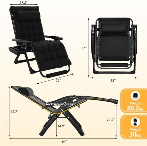 Slendor Zero Gravity Chair for Camping - Black | Aluminum Alloy | 33In | Padded  Headrest  Cup Holder | 500lbs