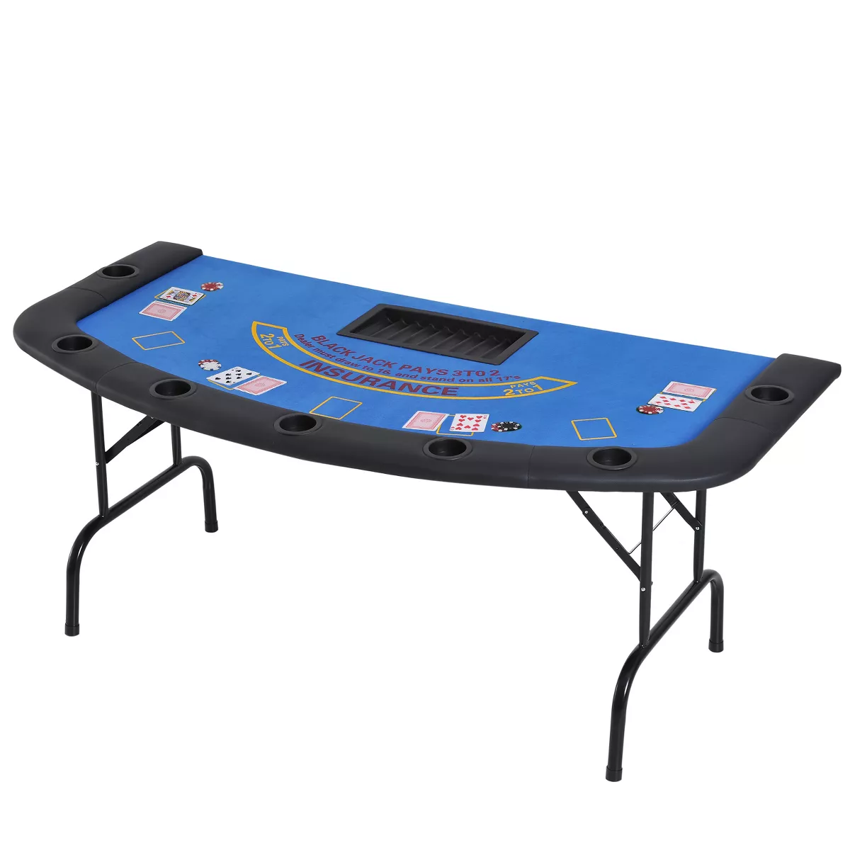 Soozier 72" Foldable 7-Player Poker Blackjack Table with Chip & Cup Holder - blue