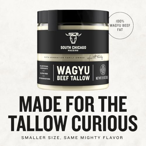 South Chicago Packing Wagyu Beef Tallow  11.5 Oz Glass Jar  Perfect for Searing  Sauteing  Cooking  Pan Frying  Keto Friendly  Paleo Friendly  Pantry Staple