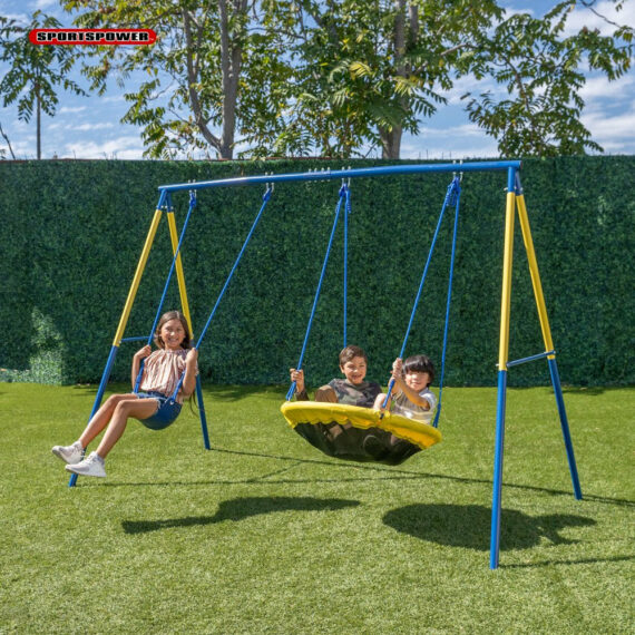 Sportspower Metal Swing & Saucer Set, Heavy Duty A-Frame, 300 Lb Capacity, Includes Belt & 2-Person Saucer Swing