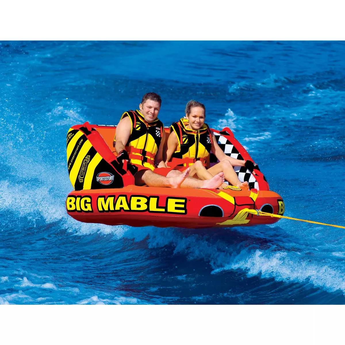 SPORTSSTUFF 53-2213 Big Mable 2 Person Double Rider Lake Inflatable Towable Boat Tube with 60-Foot Tow Rope and Heavy-Duty Full Nylon Cover
