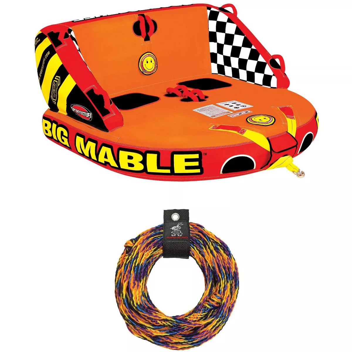 SPORTSSTUFF 53-2213 Big Mable 2 Person Double Rider Lake Inflatable Towable Boat Tube with 60-Foot Tow Rope and Heavy-Duty Full Nylon Cover