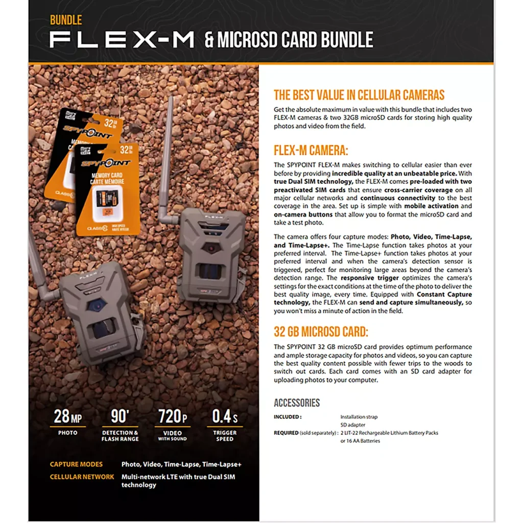 SpyPoint Flex-M Trail Camera Twin Pack, 28MP, 0.4s Trigger, Infrared Flash, SD Cards Included