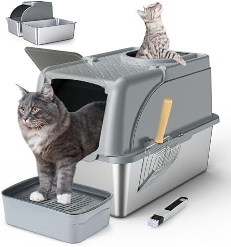 Stainless Steel Cat Litter Box Dual Entrance XXL Large Litter Box for Cats  Covered Metal Kitty Litter Box with Flip Door  16.6” High Wall& Litter Scoop