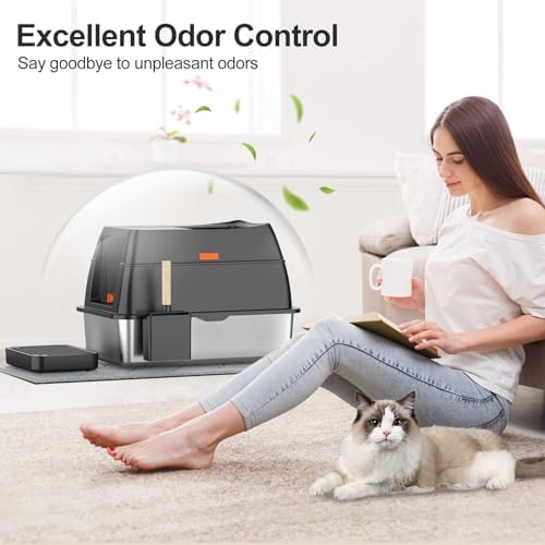 Stainless Steel Litter Box with Lid Front Entry Top Exit Kitty Litter Box Extra Large Enclosed Metal Litter Box with Litter Scoop & Litter Mat-Black