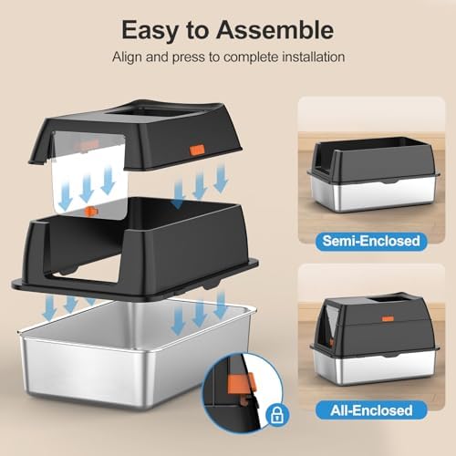 Stainless Steel Litter Box with Lid Front Entry Top Exit Kitty Litter Box Extra Large Enclosed Metal Litter Box with Litter Scoop & Litter Mat-Black