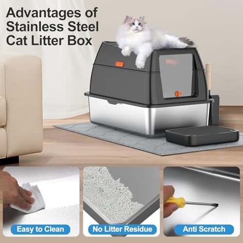 Stainless Steel Litter Box with Lid Front Entry Top Exit Kitty Litter Box Extra Large Enclosed Metal Litter Box with Litter Scoop & Litter Mat-Black