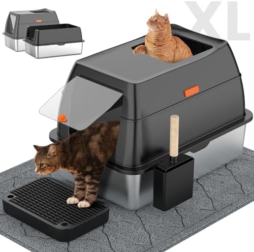 Stainless Steel Litter Box with Lid Front Entry Top Exit Kitty Litter Box Extra Large Enclosed Metal Litter Box with Litter Scoop & Litter Mat-Black