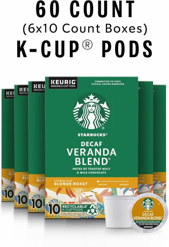 Starbucks Decaf Veranda Blend K-Cup Coffee Pods, Blonde Roast, 100% Arabica, 60 Pods
