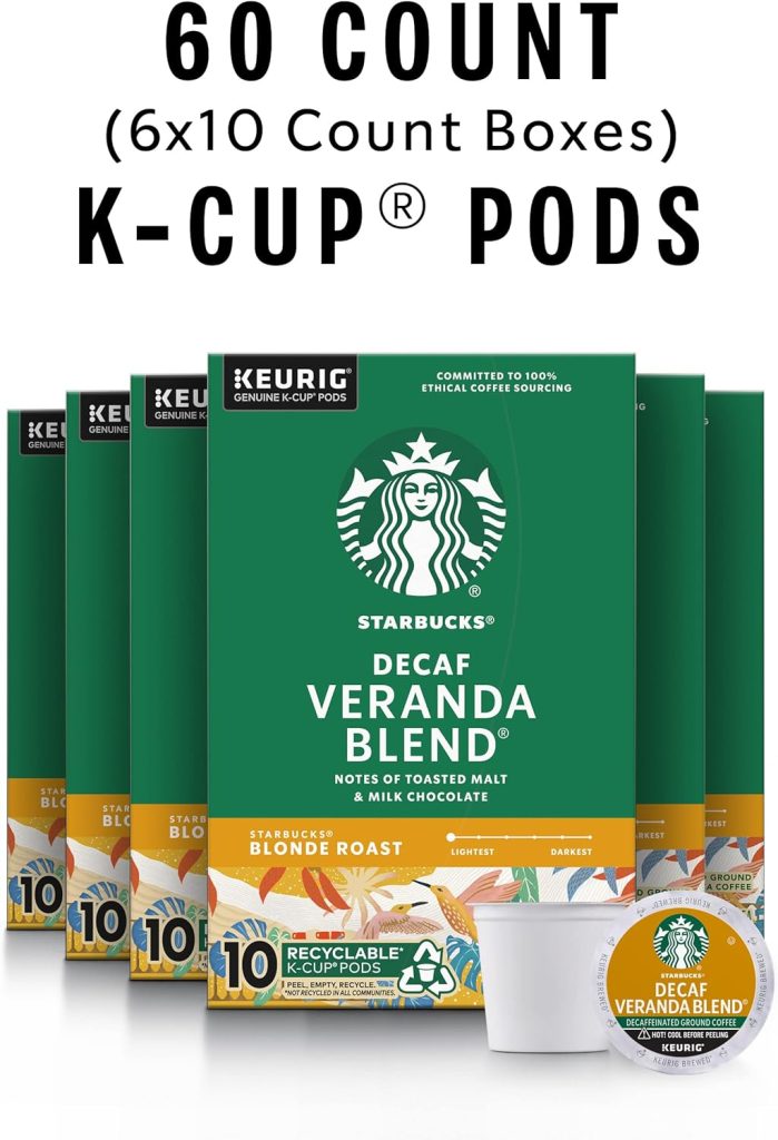 Starbucks Decaf Veranda Blend K-Cup Coffee Pods, Blonde Roast, 100% Arabica, 60 Pods