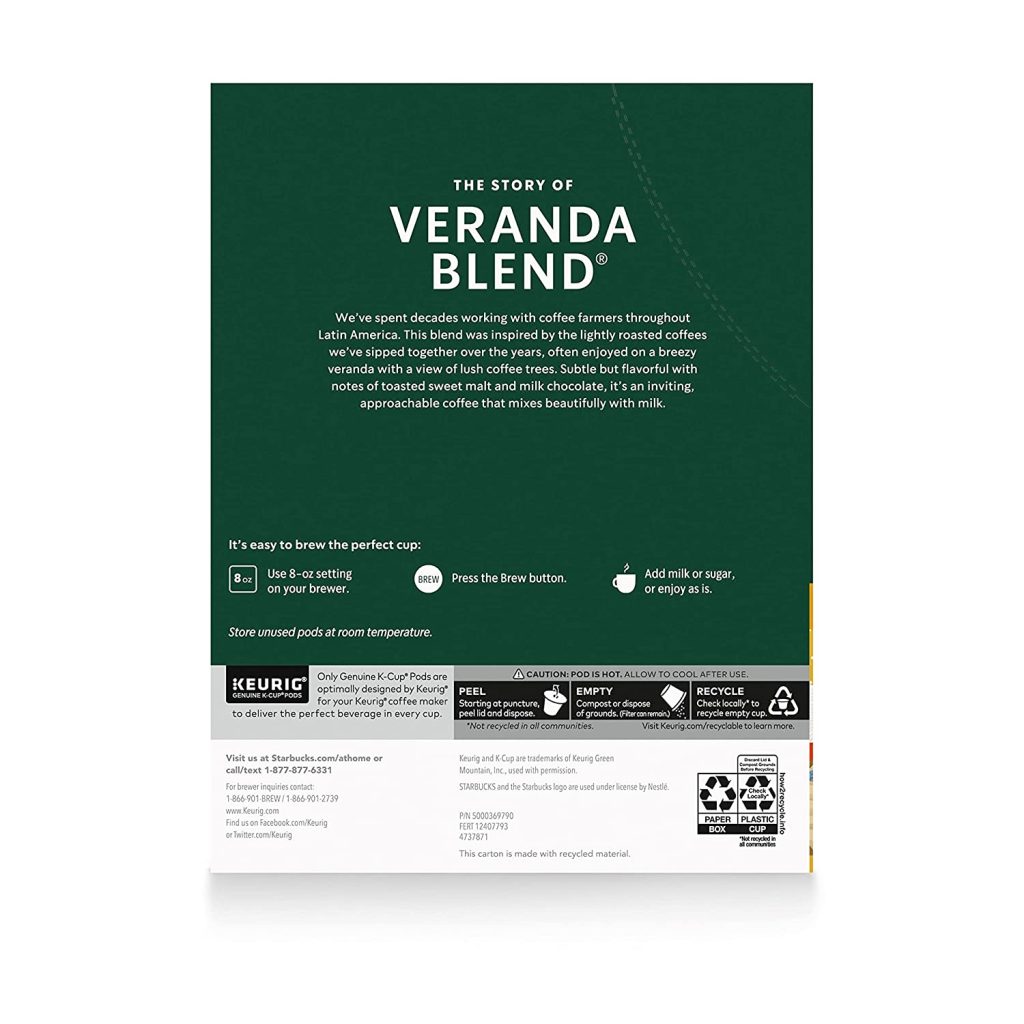 Starbucks Veranda Blend Blonde Roast K-Cup Coffee Pods, 96 Count, 100% Arabica for Keurig Brewers