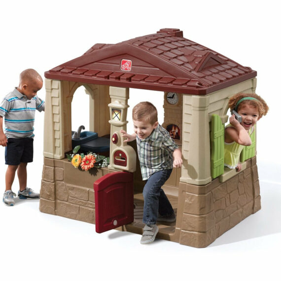 Step2 Neat & Tidy Cottage II Brown Playhouse for Kids - Outdoor Plastic Toy House with Dutch Door & Kitchen