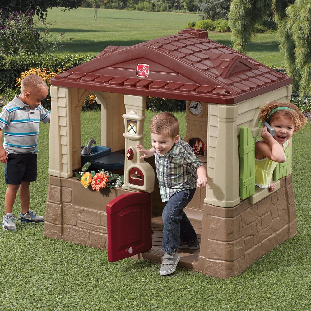 Step2 Neat & Tidy Cottage II Brown Playhouse for Kids - Outdoor Plastic Toy House with Dutch Door & Kitchen