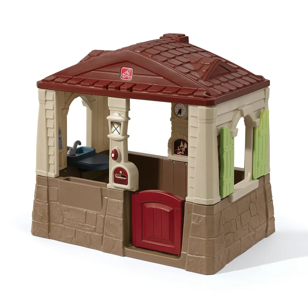 Step2 Neat & Tidy Cottage II Brown Playhouse for Kids - Outdoor Plastic Toy House with Dutch Door & Kitchen