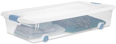 Sterilite 56 Qt Wheeled Latching Storage Box Stackable Bin with Latch Lid  Plastic Container to Organize Shoes Under Bed  Clear with White Lid  4-Pack