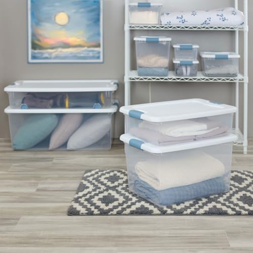 Sterilite 56 Qt Wheeled Latching Storage Box Stackable Bin with Latch Lid  Plastic Container to Organize Shoes Under Bed  Clear with White Lid  4-Pack
