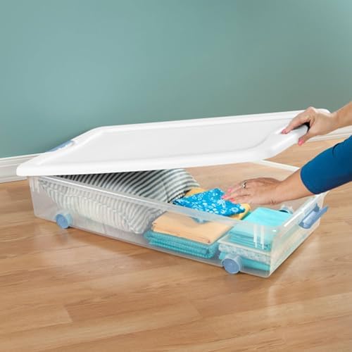 Sterilite 56 Qt Wheeled Latching Storage Box Stackable Bin with Latch Lid  Plastic Container to Organize Shoes Under Bed  Clear with White Lid  4-Pack