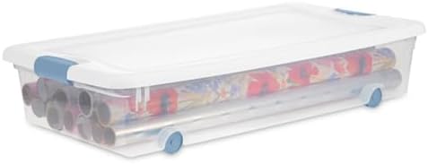 Sterilite 56 Qt Wheeled Latching Storage Box Stackable Bin with Latch Lid  Plastic Container to Organize Shoes Under Bed  Clear with White Lid  4-Pack