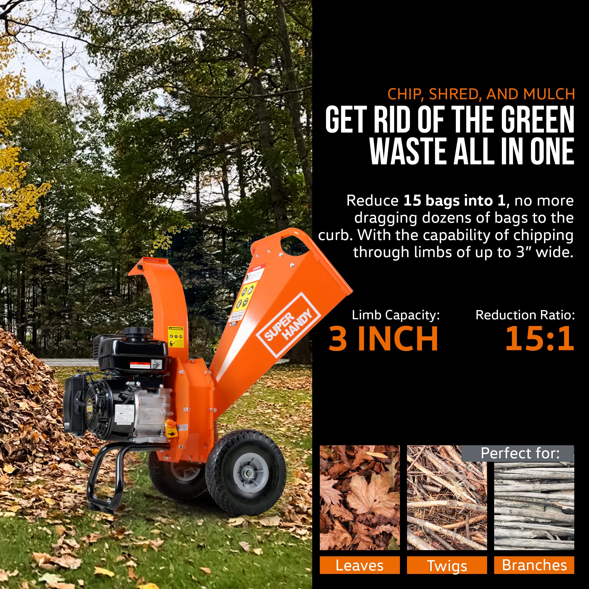 SuperHandy Mini Wood Chipper Shredder Mulcher Heavy Duty 7HP Compact Design 3" Inch Max Capacity