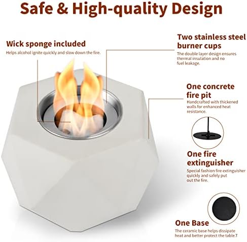 Table Top Fire Pit Bowl - Concrete Tabletop Fireplace Indoor Outdoor Decor Portable Rubbing Alcohol Burner Smores Maker for Patio Balcony with Extinguisher