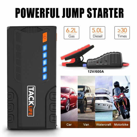 Tacklife T6 800A 18000mAh Car Jump Starter for 7.0L Gas & 5.5L Diesel Engines with Quick Charge, LCD Display, Safety Features, Orange
