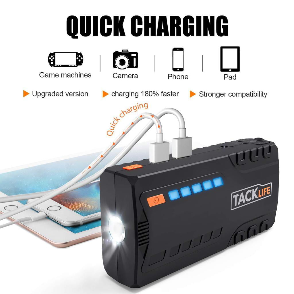 Tacklife T6 800A 18000mAh Car Jump Starter for 7.0L Gas & 5.5L Diesel Engines with Quick Charge, LCD Display, Safety Features, Orange