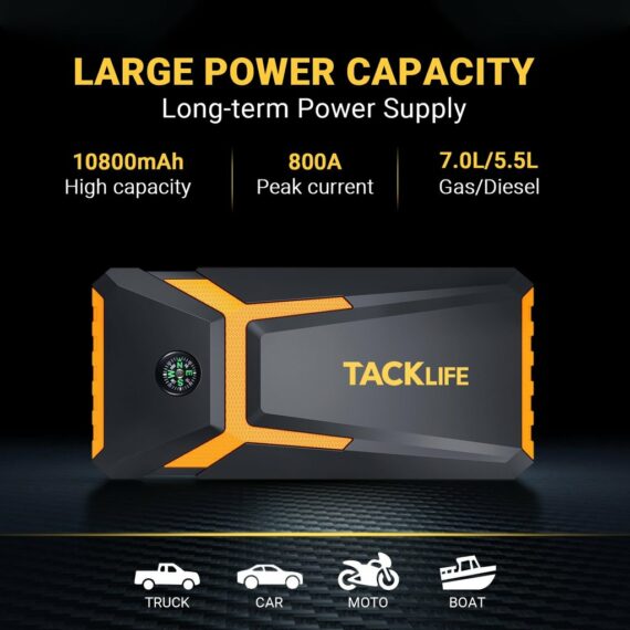 TACKLIFE T8 Car Jump Starter 800A 18000mAh, for 7.0L Gas & 5.5L Diesel Engines, 12V Battery Booster with Quick Charge & Safety Features