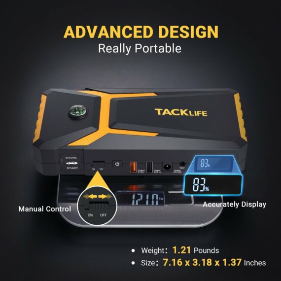 TACKLIFE T8 Car Jump Starter 800A 18000mAh, for 7.0L Gas & 5.5L Diesel Engines, 12V Battery Booster with Quick Charge & Safety Features