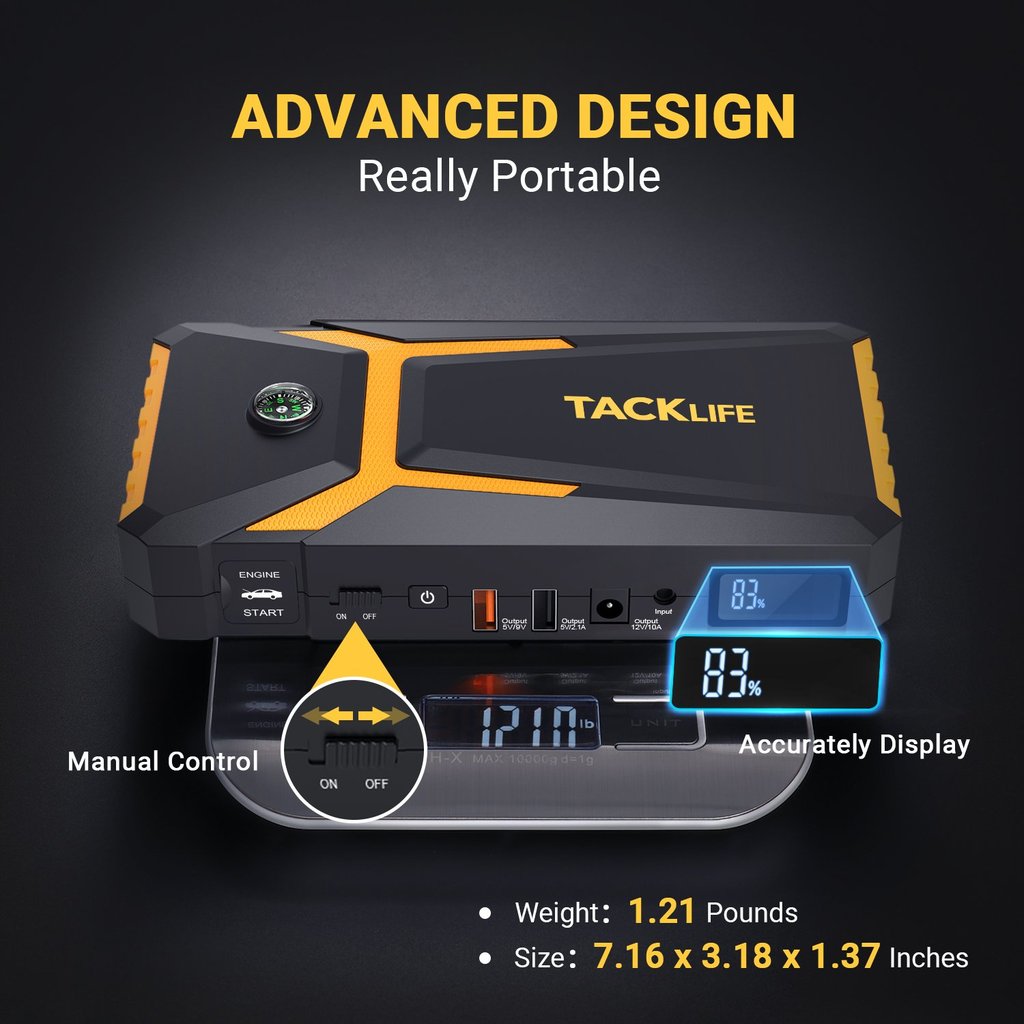 TACKLIFE T8 Car Jump Starter 800A 18000mAh, for 7.0L Gas & 5.5L Diesel Engines, 12V Battery Booster with Quick Charge & Safety Features