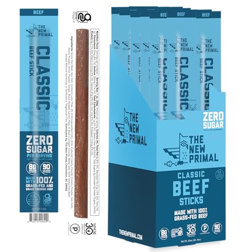 The New Primal Grass Fed Beef Sticks  Keto  Gluten Free Healthy Snacks  Sugar Free Low Carb High Protein Snack  Jerky Meat Stick  8g Protein  20 Ct