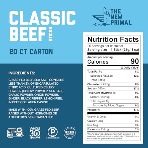 The New Primal Grass Fed Beef Sticks Keto Gluten Free Healthy Snacks Sugar Free Low Carb High Protein Snack Jerky Meat Stick 8g Protein 20 Ct
