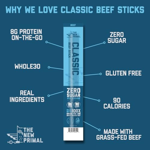 The New Primal Grass Fed Beef Sticks  Keto  Gluten Free Healthy Snacks  Sugar Free Low Carb High Protein Snack  Jerky Meat Stick  8g Protein  20 Ct
