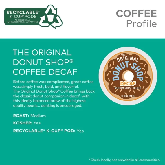 The Original Donut Shop Decaf Medium Roast K-Cup Pods, 96 Count - Compatible with Keurig, Kosher Certified, Recyclable