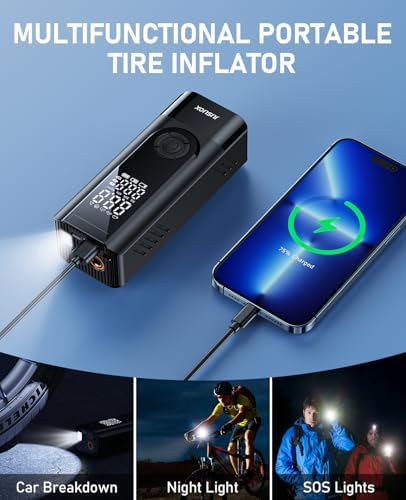 Tire Inflator Portable Air Compressor 150PSI Cordless Air Pump for Car Tires Battery & 12V DC Dual Power Electric Bike Tire Pump with Digital Pressure Gauge LED Light for Motorcycle Ball