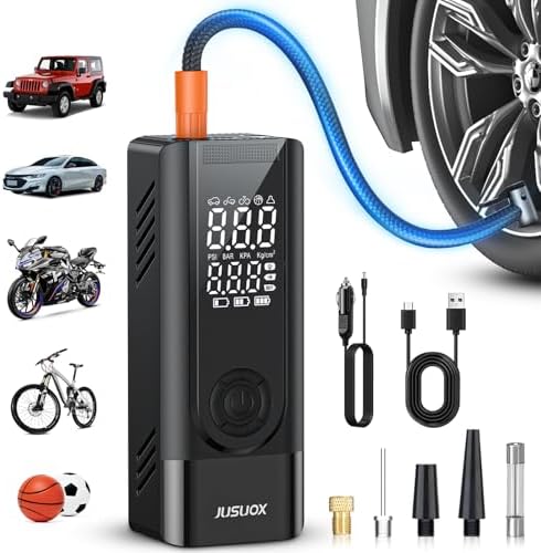Tire Inflator Portable Air Compressor 150PSI Cordless Air Pump for Car Tires Battery & 12V DC Dual Power Electric Bike Tire Pump with Digital Pressure Gauge LED Light for Motorcycle Ball