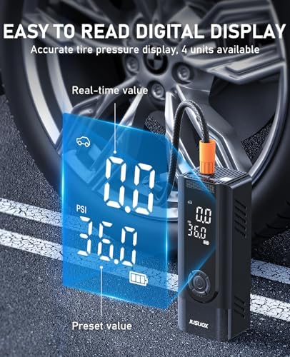Tire Inflator Portable Air Compressor 150PSI Cordless Air Pump for Car Tires Battery & 12V DC Dual Power Electric Bike Tire Pump with Digital Pressure Gauge LED Light for Motorcycle Ball