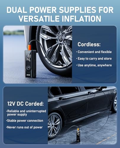 Tire Inflator Portable Air Compressor 150PSI Cordless Air Pump for Car Tires Battery & 12V DC Dual Power Electric Bike Tire Pump with Digital Pressure Gauge LED Light for Motorcycle Ball