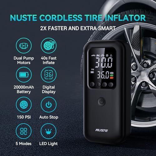 Tire Inflator Portable Air Compressor 3X Faster Cordless Air Pump 20000mAh for Inflatables 12V DC Bike Pump Digital 150PSI Pressure Gauge LED Light for Car Bicycle Ball Car Accessories