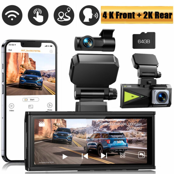 TOGUARD 4K Dash Cam with 5GHz WiFi, GPS, Night Vision, Touch Screen & 64GB Card - Front & Rear Cameras